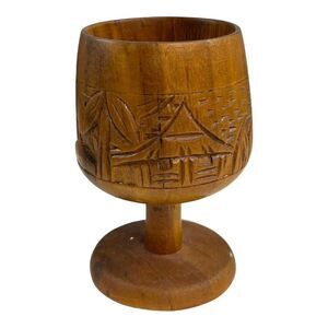 Vintage Hand Carved Wood Chalice Goblet Tiki Hut Carving 5” Wine Cup Goblet